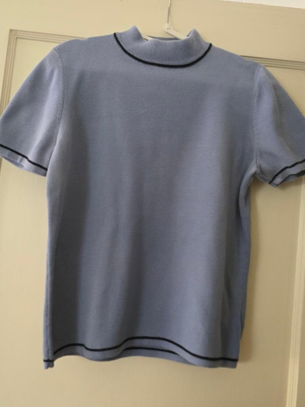 L Designers Originals Knit Top Women Blue Crew Neck Short Sleeve Cotton Blouse